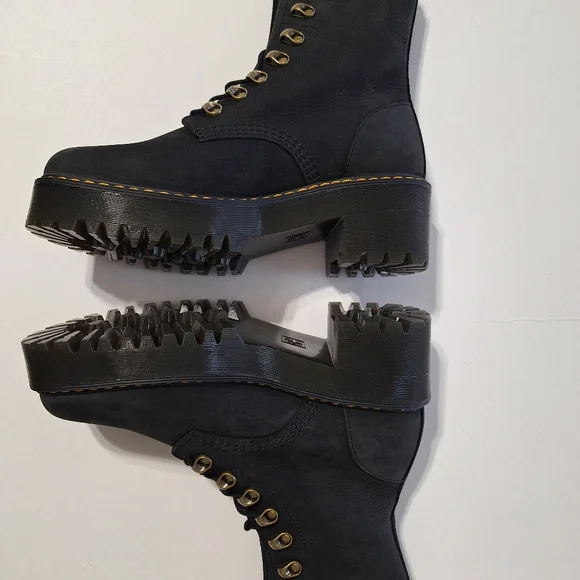 💎NWOB Dr. Martens "Leona" Black Suede Combat Heeled Boots - Picture 14 of 16
